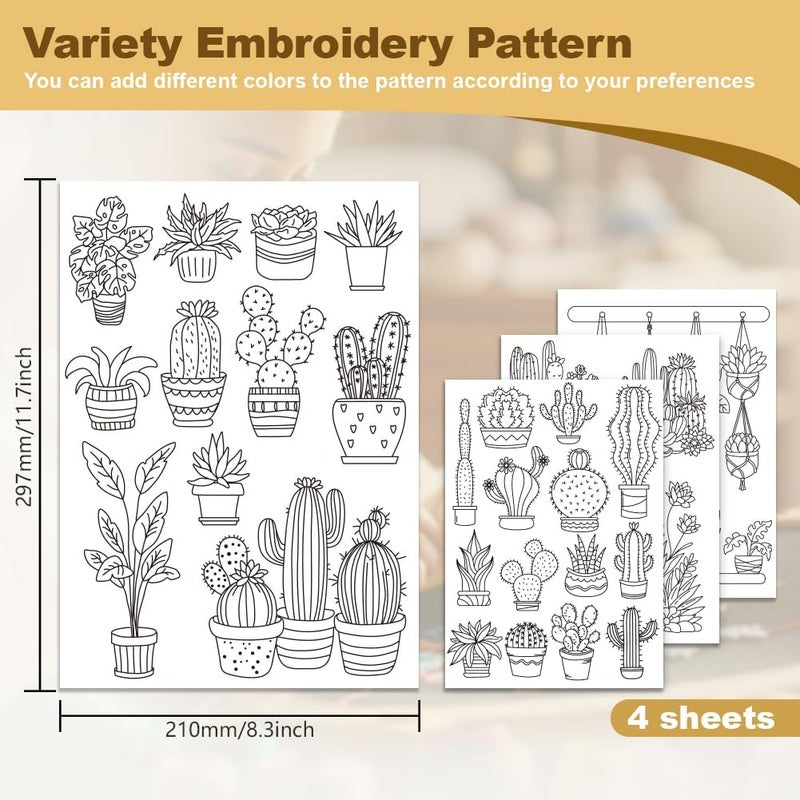 DOODLREAM 30Pcs Bonsai Cactus Embroidery Pattern Stabilizers, 8.3"x11.7" Potted Cacti Water Soluble Stick and Stitch Embroidery Stickers, 4 Sheets Cactus Hand Sewing DIY Embroidery Paper - Image 2